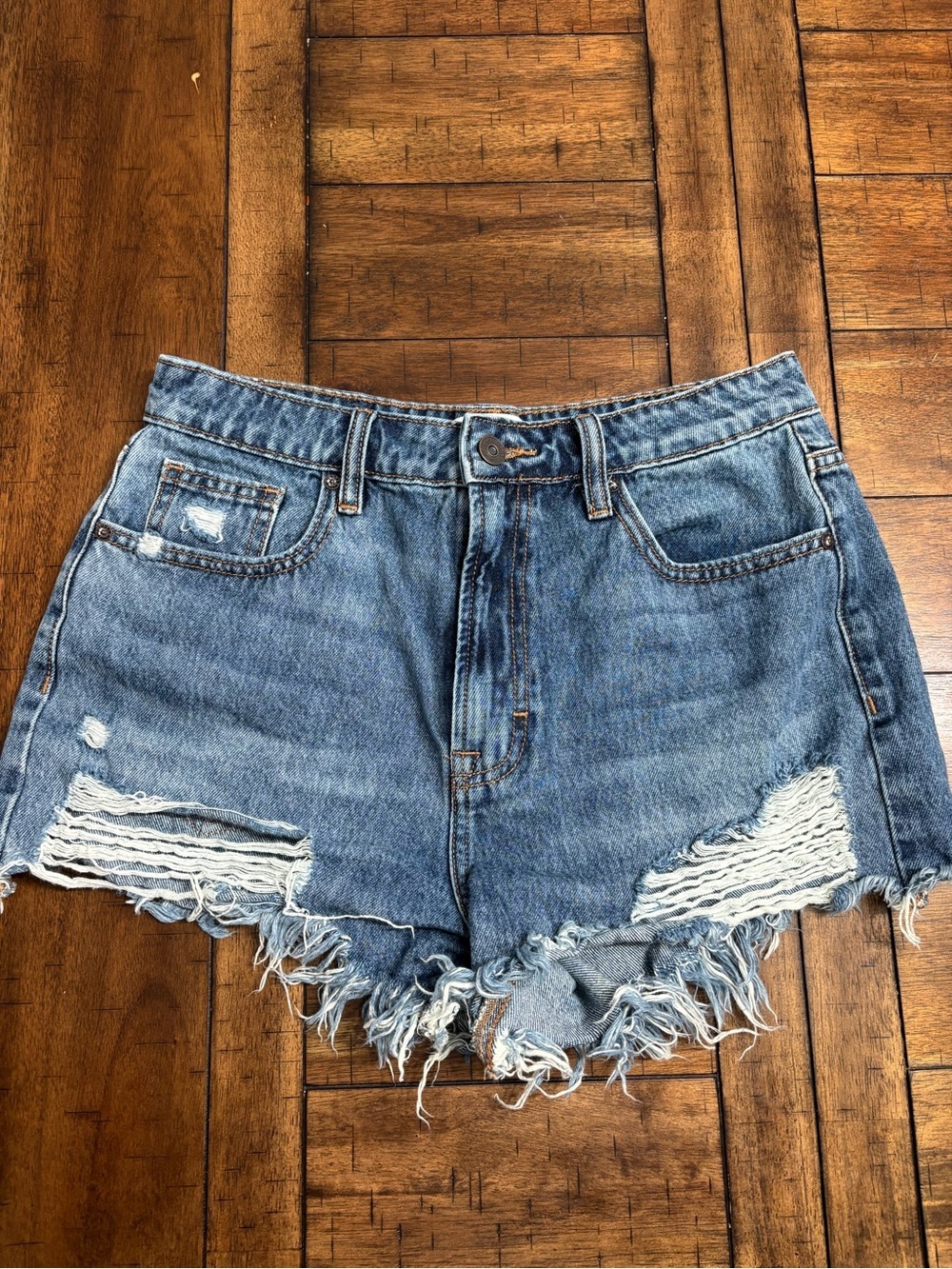 Hidden Frayed Hem Distressed Denim Shorts in Light Blue